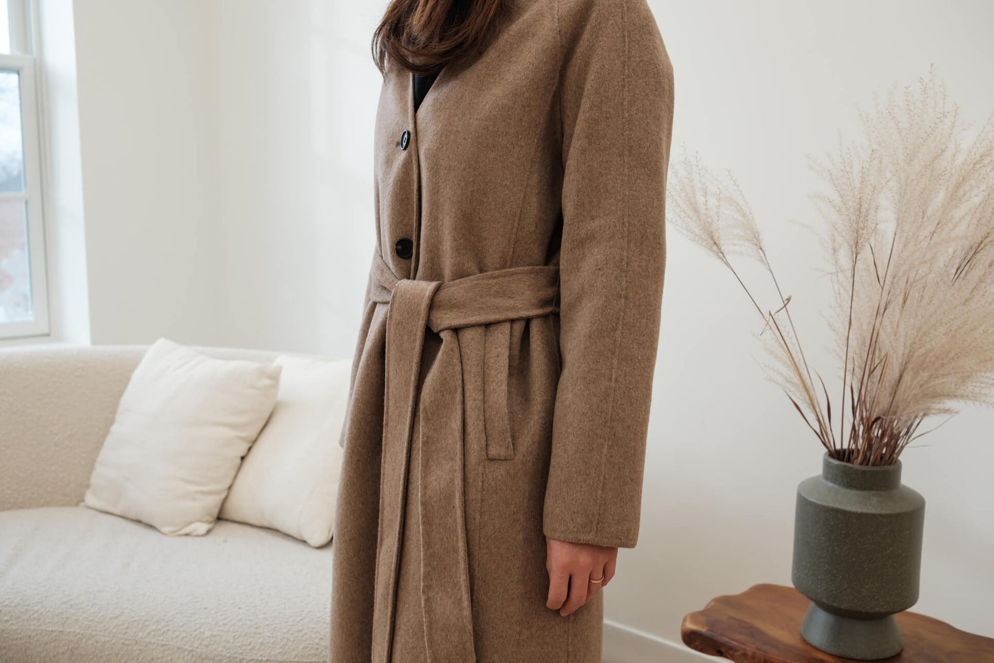 COLLARLESS BELTED COAT