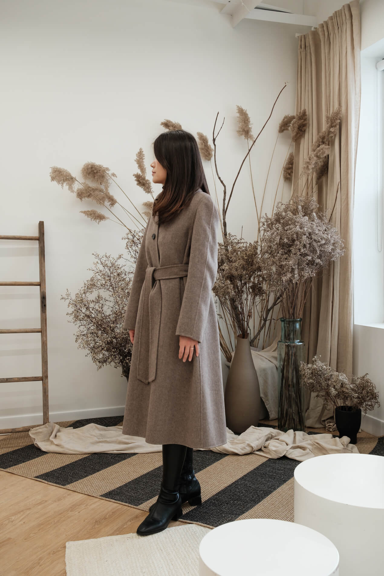 SINGLE BREASTED HERRINGBONE BELTED COAT