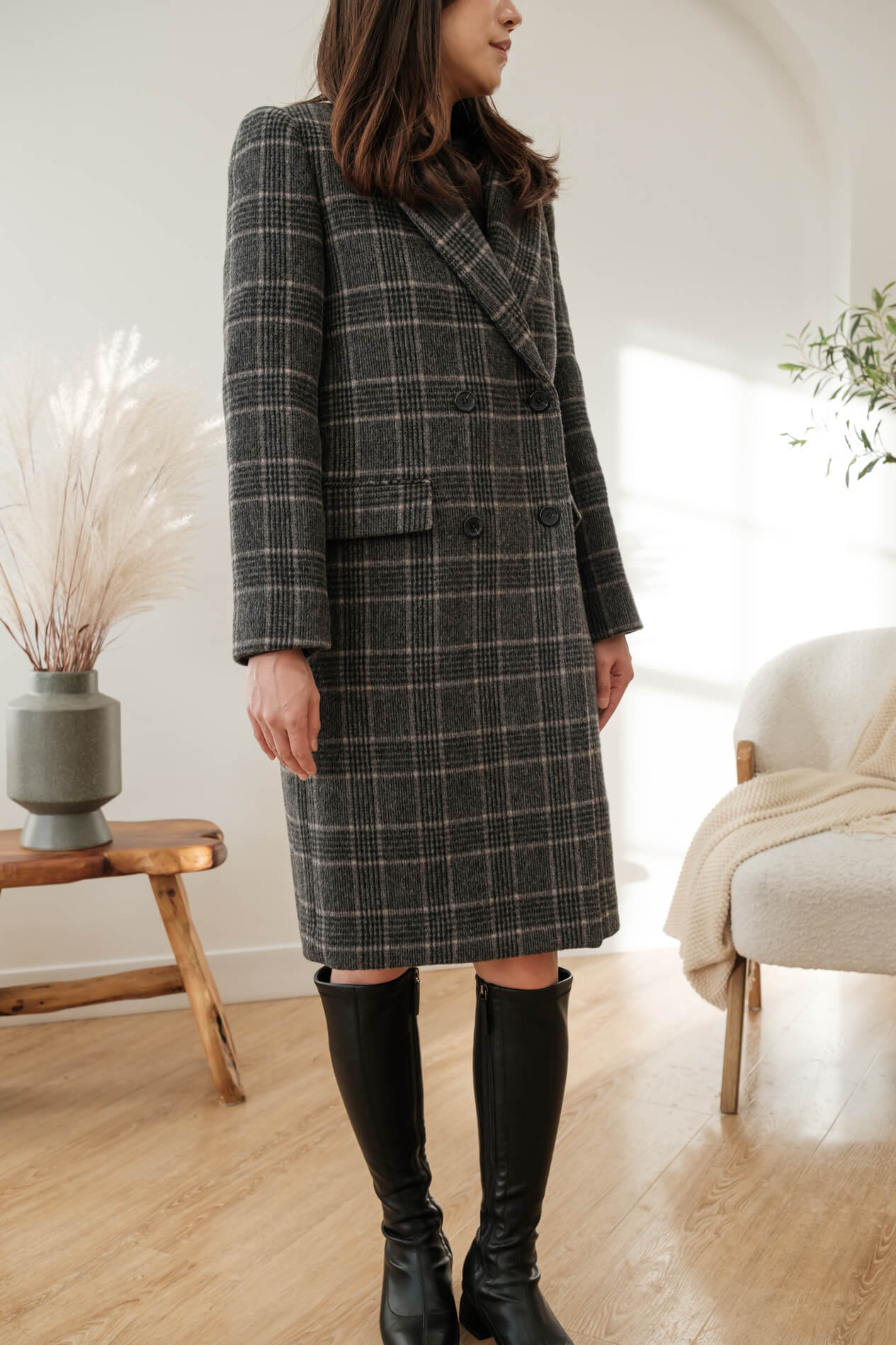 DOUBLE BREASTED PLAID COAT